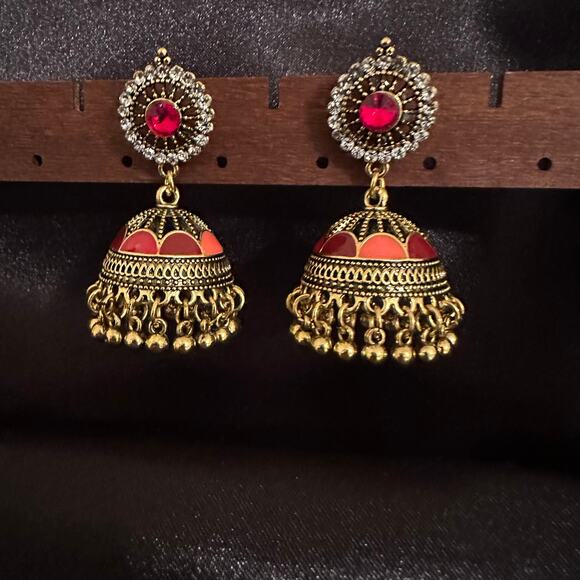 Bollywood Desi Boho Jhumka Antique Gold Tone w/Red Accent Earrings - Picture 3 of 5